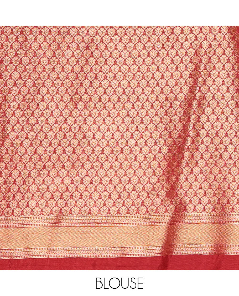 Rust Orange Luxury Soft Silk Saree Featuring Drop-Shaped Zari Motifs Steeped All Over Its Body, Highlighted with a Contrast Traditional Zari Border, Pallu Decked Up with Intricate Designs, and Paired with a Contrast Jacquard Blouse