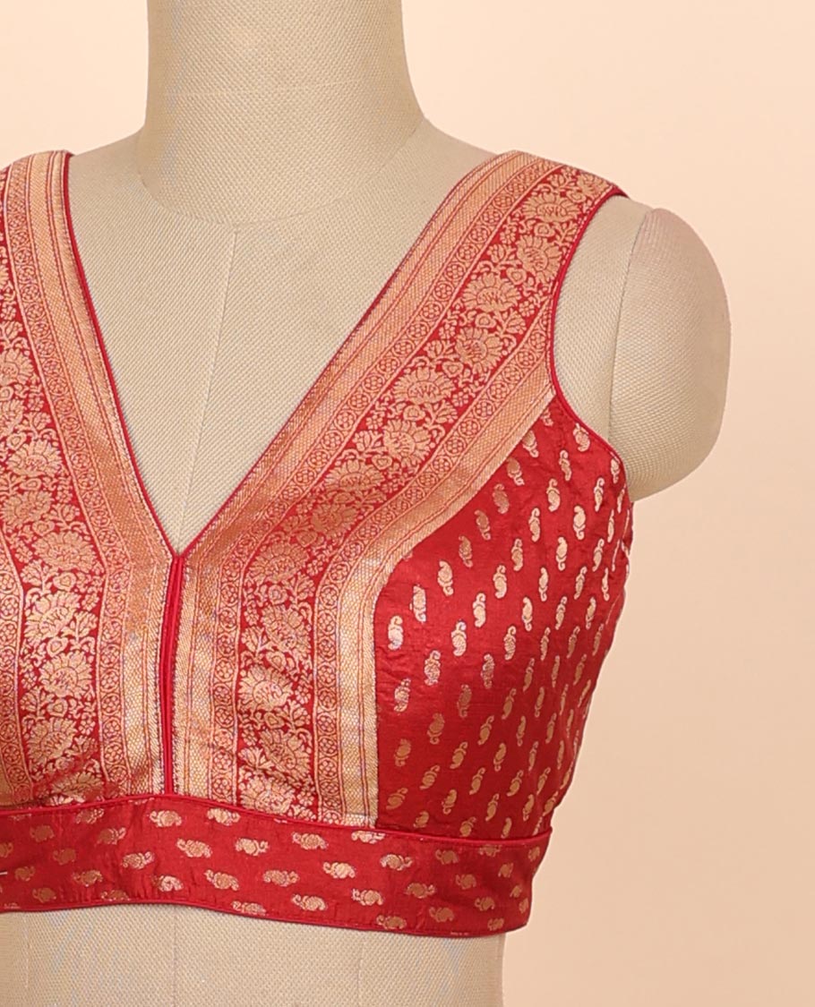 Maroon floral zari design front & back deep v-neck raw-silk readymade sleeveless blouse