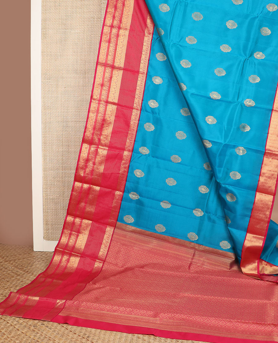 Blue zari buttas vasundhara silkmix saree, contrast mango design pallu & border of mayil, manga, yaanai & diamond design