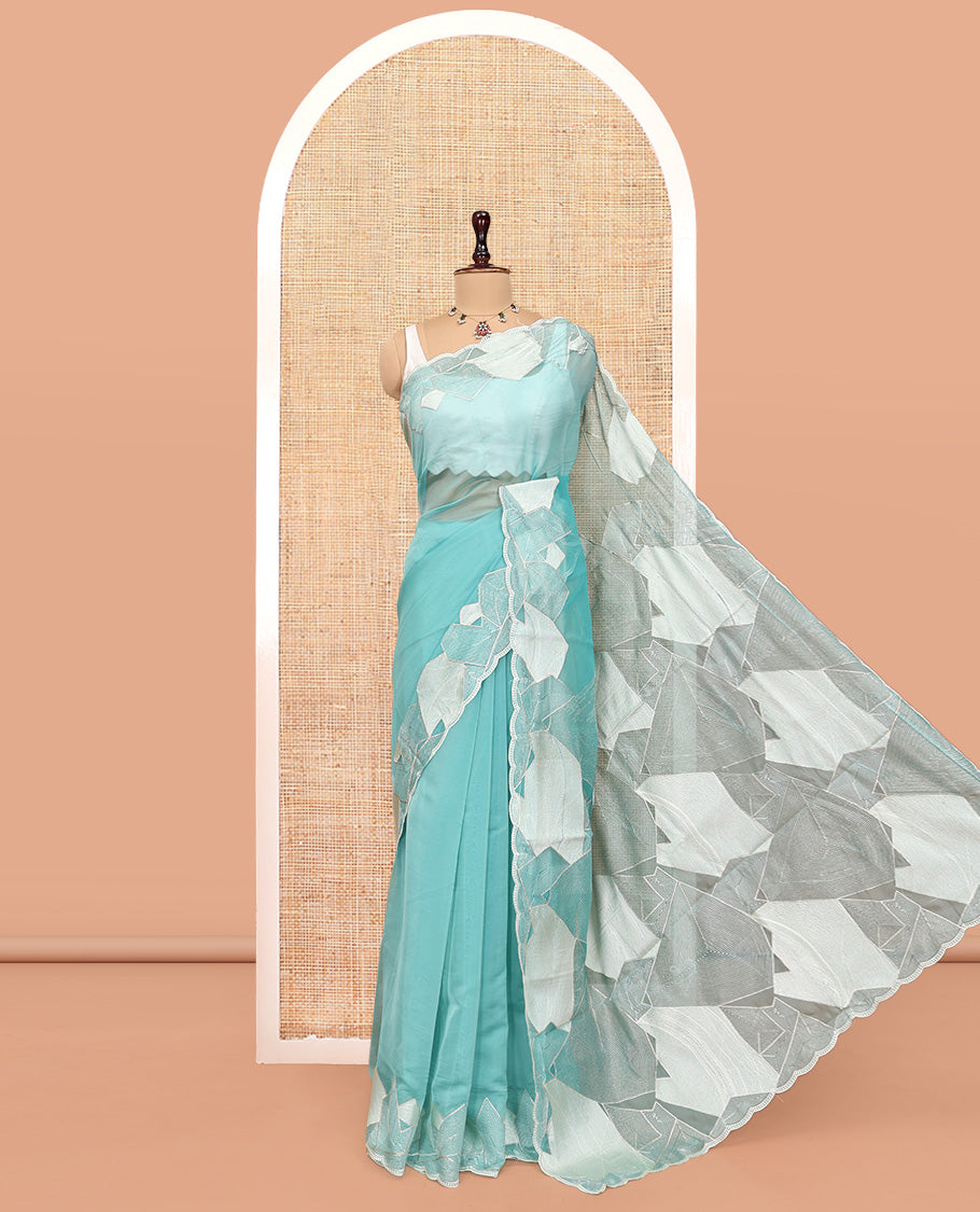 Blue Plain Organza Saree, a Scalloped Geometric Thread Embroidery Border, Embroidery Pallu, and a Matching Blouse