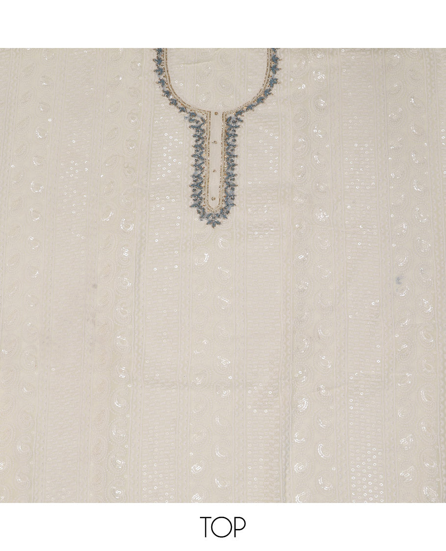 Cream and Blue Material Chudidar Set, Beautified with Chikankari-Style Thread and Sequins Embroidered on Georgette Top, a Plain Santoon Bottom, and Paired with a Floral Print and Chikankari-Style Embroidered Georgette Dupatta