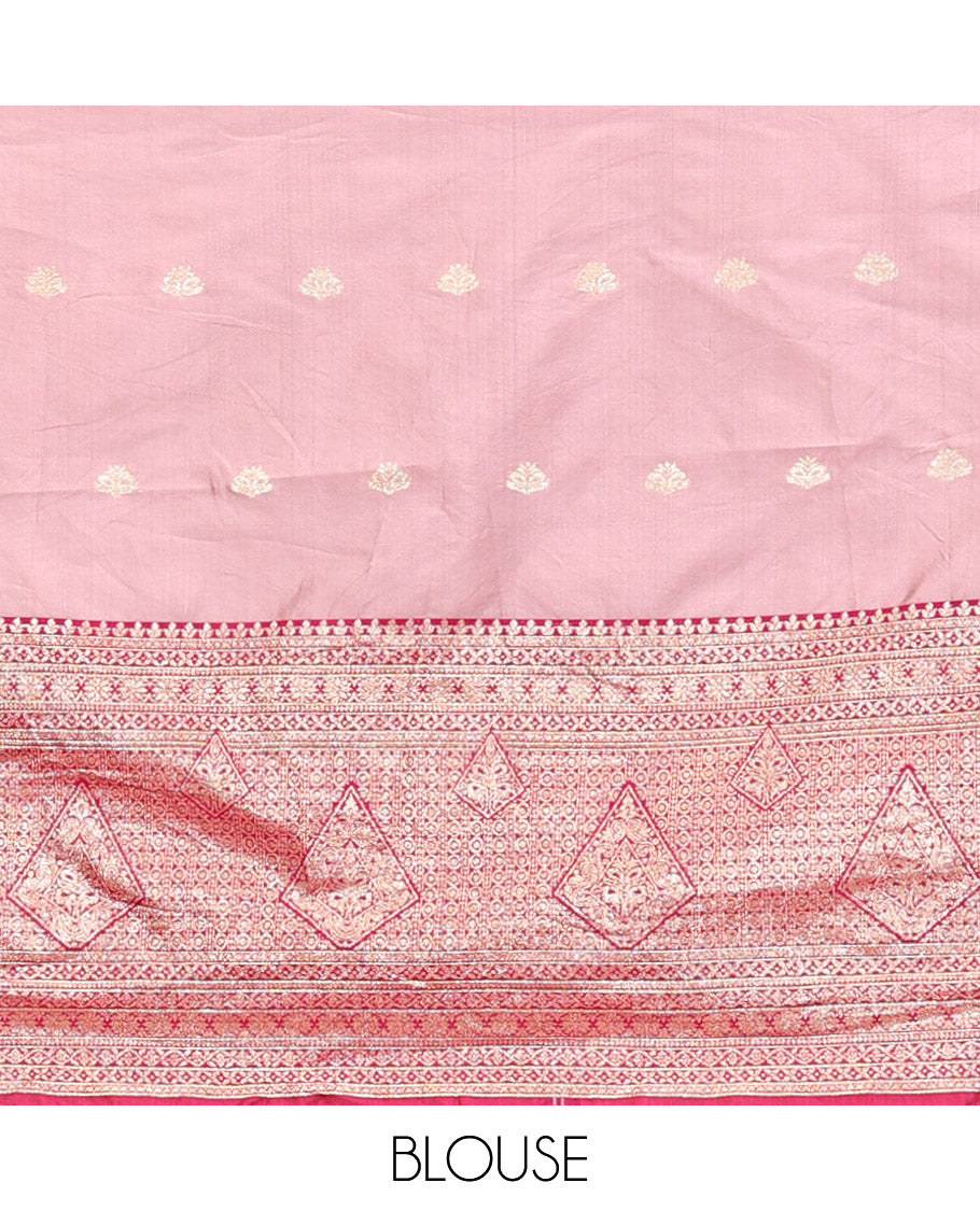 Pink Art Silk Half Saree, Bedecked with Buttas Skirt, Contrast Traditional Border, Matching Blouse, and a Contrast Banaras Dhavani