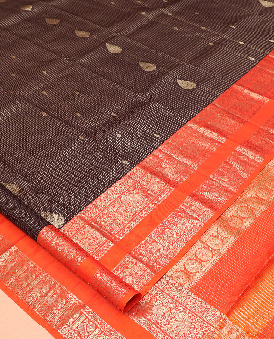 Brown Vasundhara Silk Saree, Woven with Zari Buttas and Checks, a Contrast Rettai Pettu Border of Yaanai, Mayil, and Neli Designs, Grand Pallu, and a Contrast Blouse