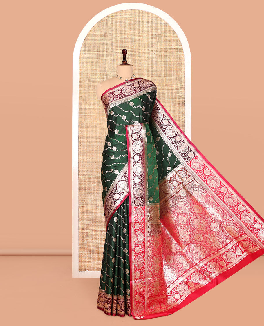 Green Banarasi Nylon Saree, Gracefully Embellished with Diagonal Stripes, Contrast Intricate Zari Border, Intricate Pallu, and a Contrast Blouse