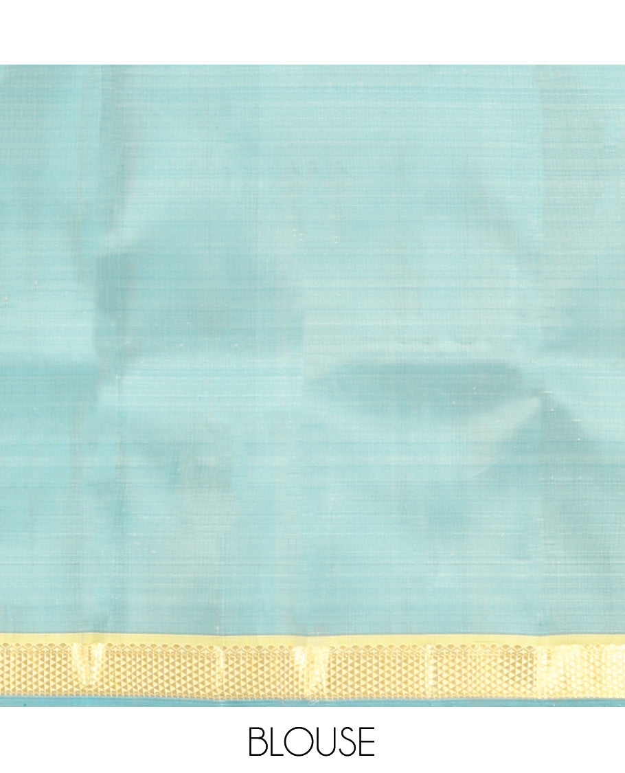 Sandal Kanchipuram Silk Saree, Styled with Checks, Complemented by Contrast Ara Maadam Border, Zari Striped Pallu, and Contrast Blouse