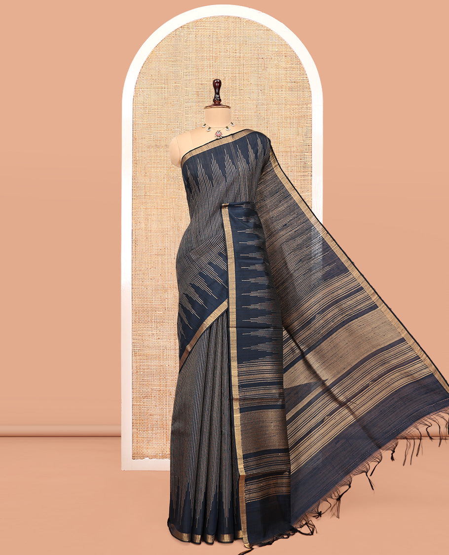 Blue Dupion Silk Saree, Steeped with Subtle Stripes, a Piping Zari Border, Zari-Woven Pallu, and a Matching Blouse