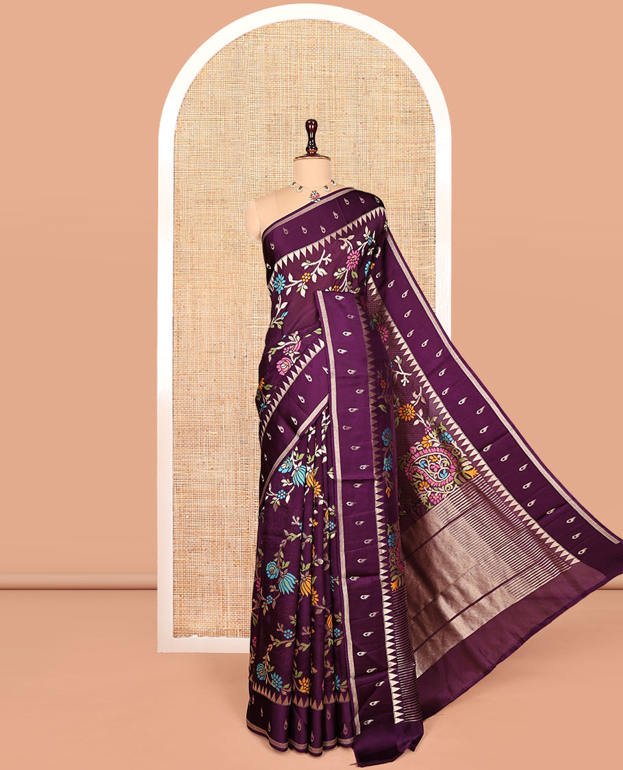 Purple Matka Silk Saree, Ornamented with Meenakari Floral Vine All Over Its Body, Highlighted by Temple Border of Buttas, Pallu of Meenakari Floral Designs, and Paired with a Matching Blouse