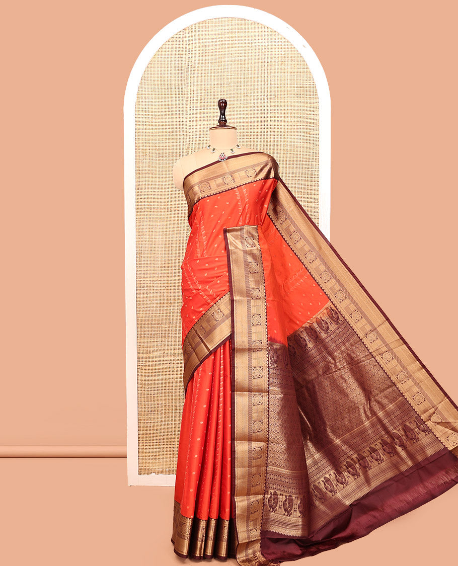 Rust-Brown Budget Silk Saree, Enriched with Zari Designs, Contrast Border, Pallu, and Contrast Blouse