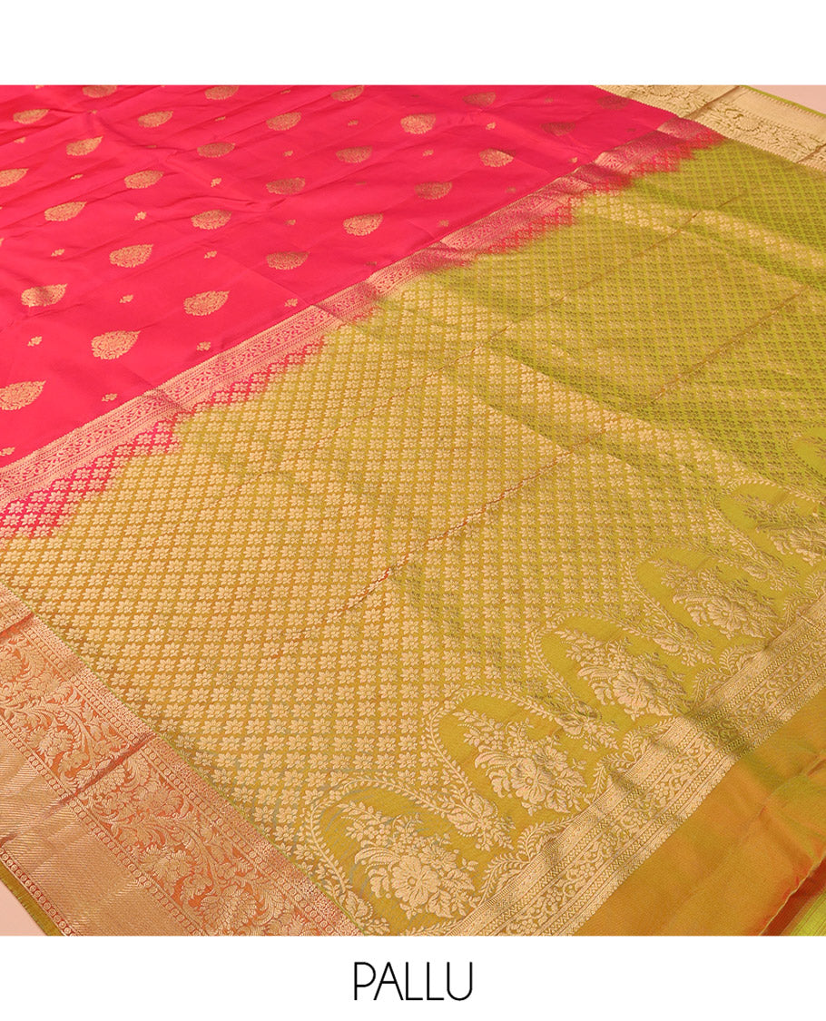 Red Vasundhara Lite Silk Mix Saree, Prettified with Zari Buttas, a Contrast Kodi Visiry Border, Grand Pallu, and a Contrast Blouse