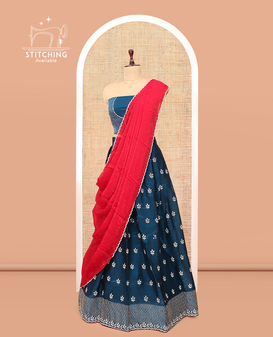 Peacock Blue Banarasi Half-Saree, Delicately Woven with Floral Buttas Embroidered Skirt, Embroidered Border, Matching Blouse, and Contrast Scallop Embroidered Dupatta