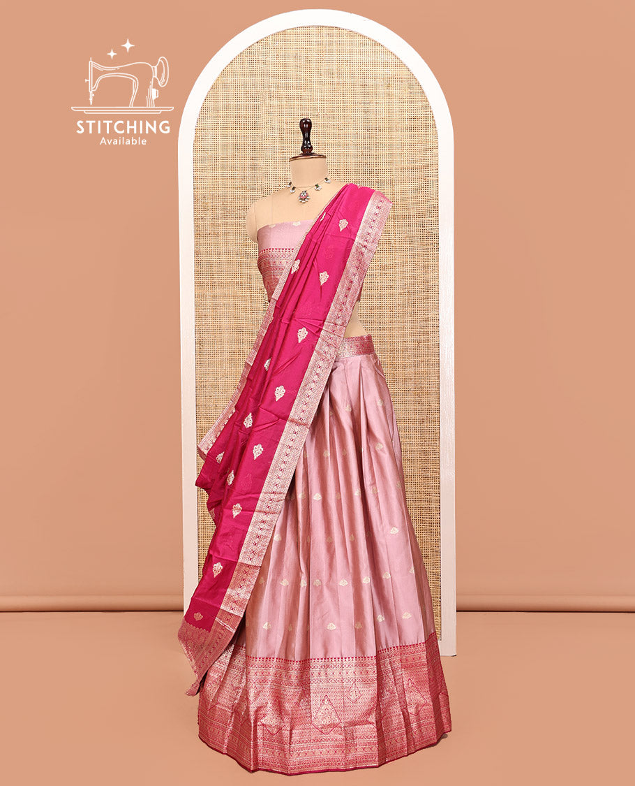 Pink Art Silk Half Saree, Bedecked with Buttas Skirt, Contrast Traditional Border, Matching Blouse, and a Contrast Banaras Dhavani