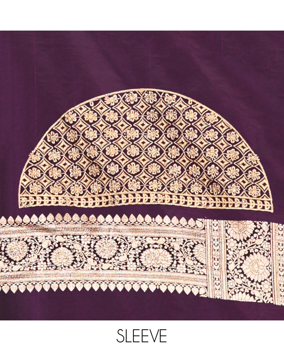 Dark Purple Banarasi Satin Saree, Beautified with Floral Buttas, a Floral Creeper Border, Intricate Stonework Pallu, and a Matching Blouse