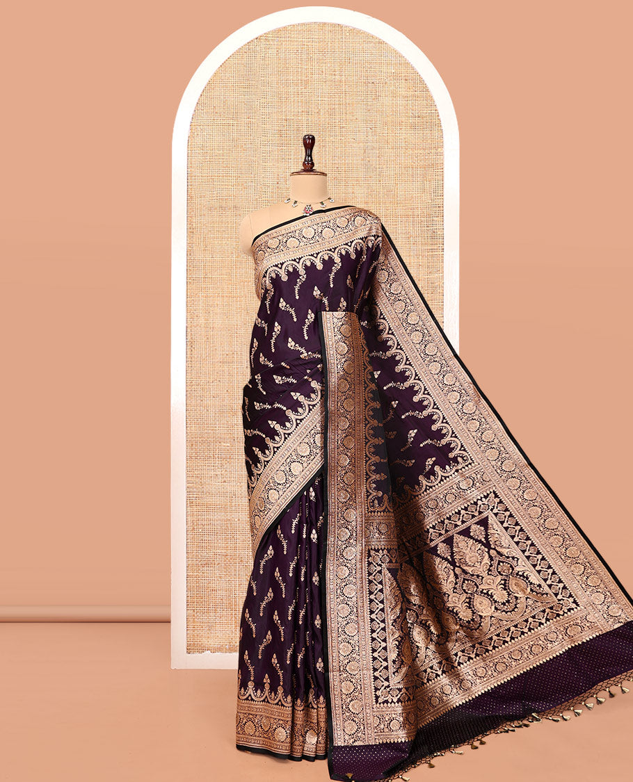 Dark Purple Banarasi Satin Saree, Beautified with Floral Buttas, a Floral Creeper Border, Intricate Stonework Pallu, and a Matching Blouse