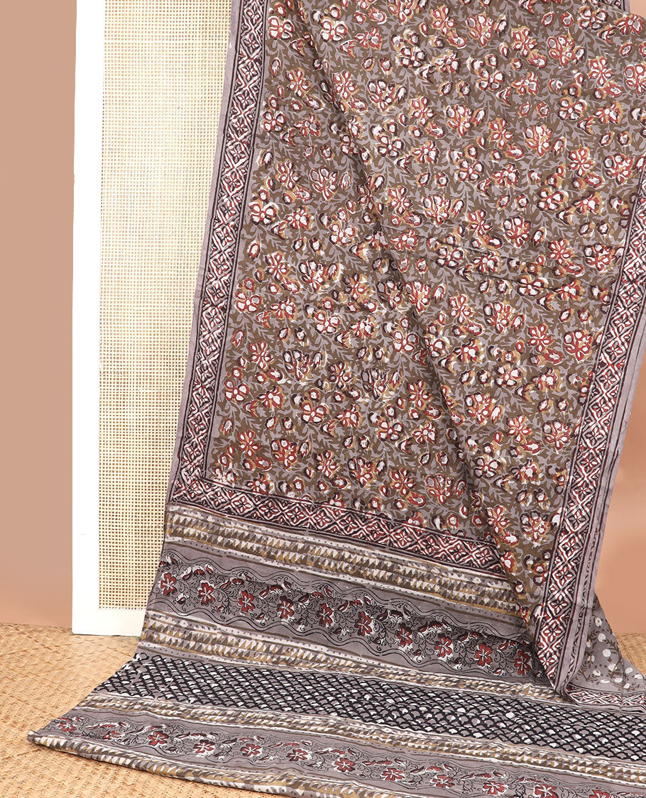 Brown floral design machine printed kalamkari cotton saree with contrast floral border & argyle design pallu