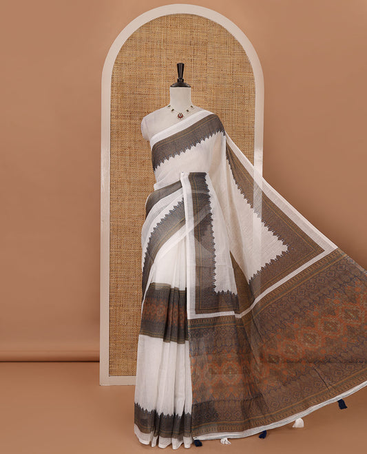 White half-plain & half-printed body linen cotton saree, intricately printed border, printed pallu &  printed blouse