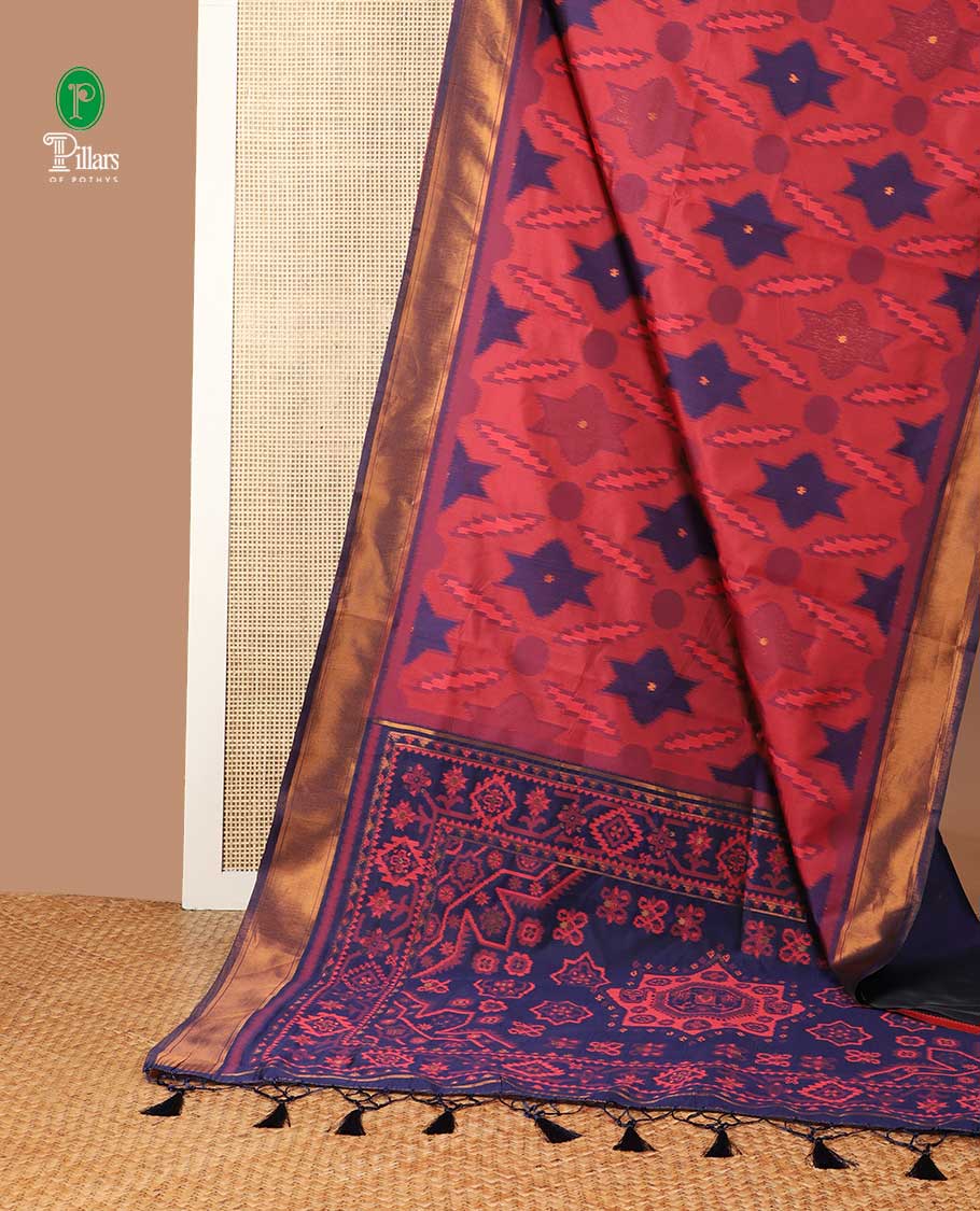 Light red pochmmpally ikkat design mulberry silk saree with zari katti border & zari ikkat desig pallu along with contrast blouse