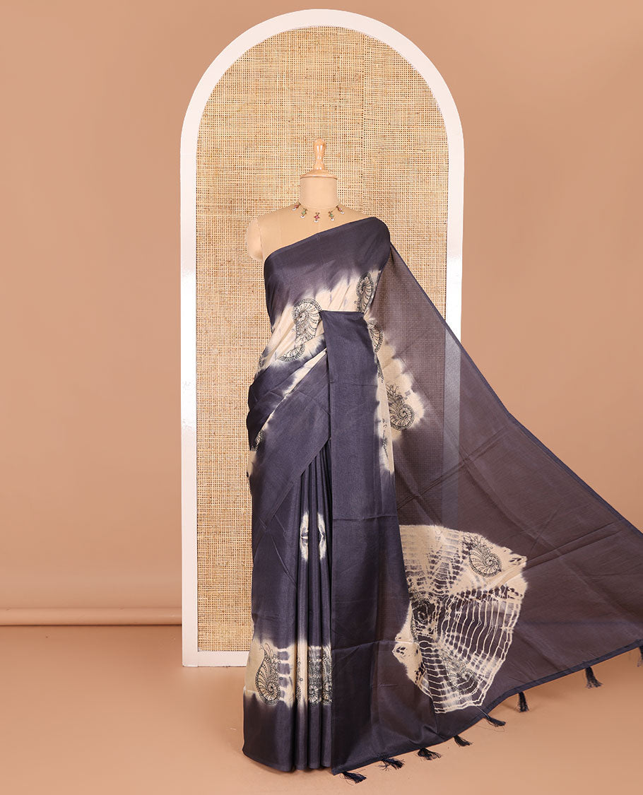 Borderless navy blue shibori printed with shell motifs, blockprinted Manipur tussar saree, shibori printed pallu, and a plain matching blouse