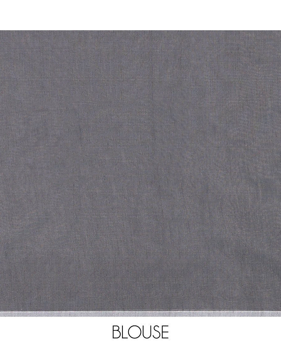 Borderless Grey Semi-Silk Cotton Saree, Decorated with Zari Designs All Over Its Body, Intricately Designed Grand Pallu, and Paired with a Matching Blouse