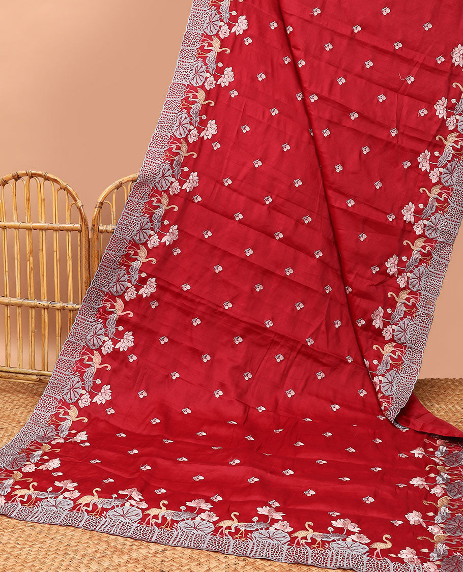 Red all-over floral motifs thread embroidery tussar silk saree with self floral, animal embroidery border