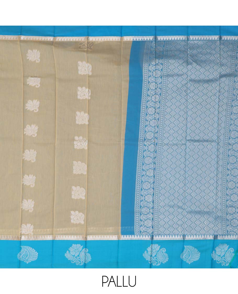 Light yellow floral design kora cotton saree with contrast zari design border & argyle design pallu