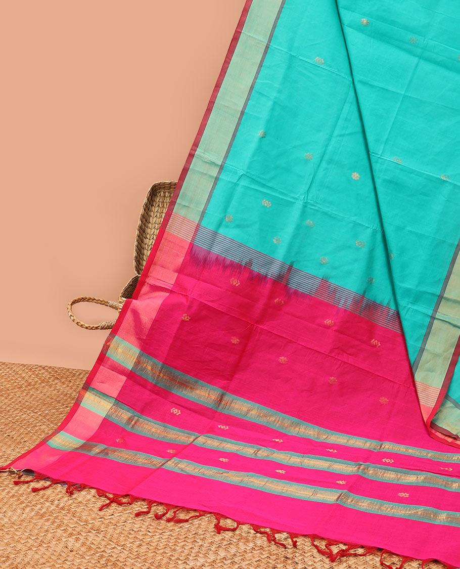 Blue kupadam cotton saree with buttas, plain border & contrast pallu of stripes