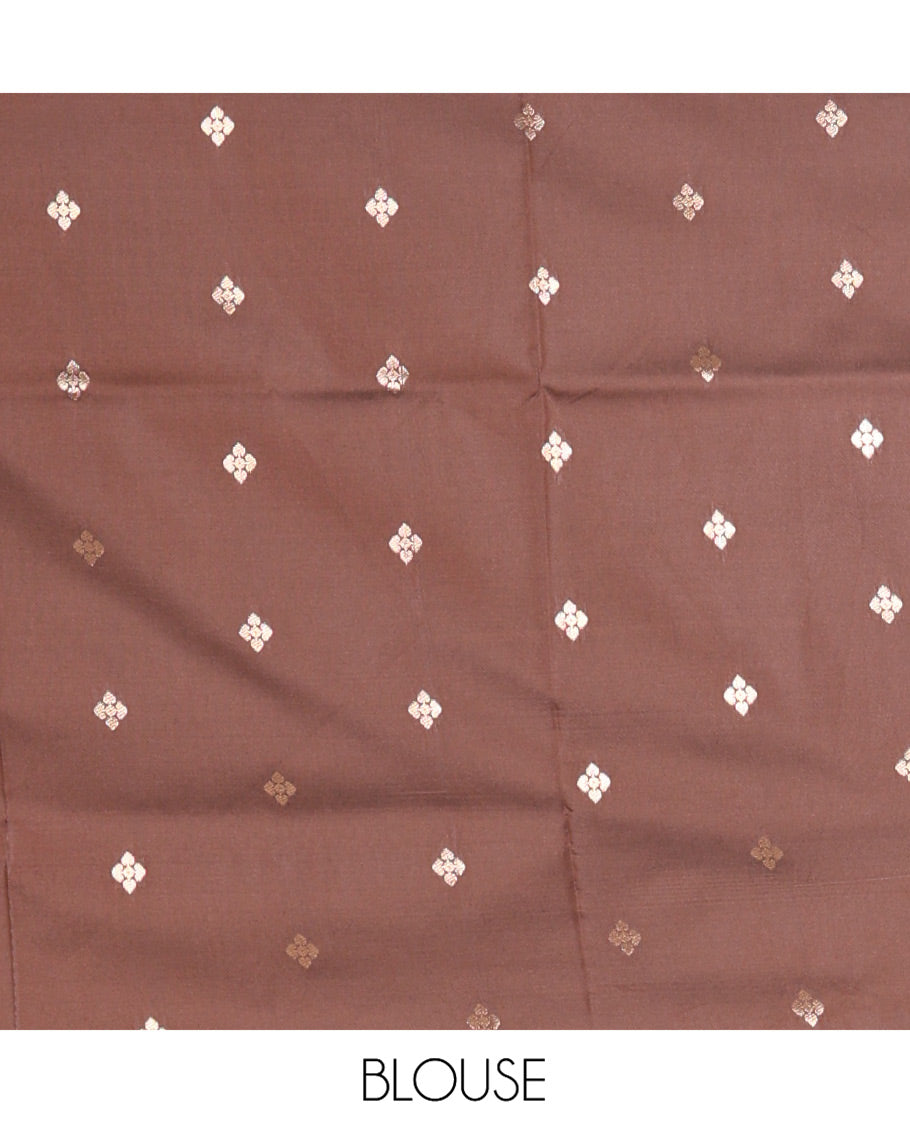 Orange Elite Soft Silk Saree, Enriched with Zari Buttas All Over Its Body, Complemented by Contrast Border Steeped with Geometric Patterns, Grand Pallu, and Paired with a Contrast Blouse