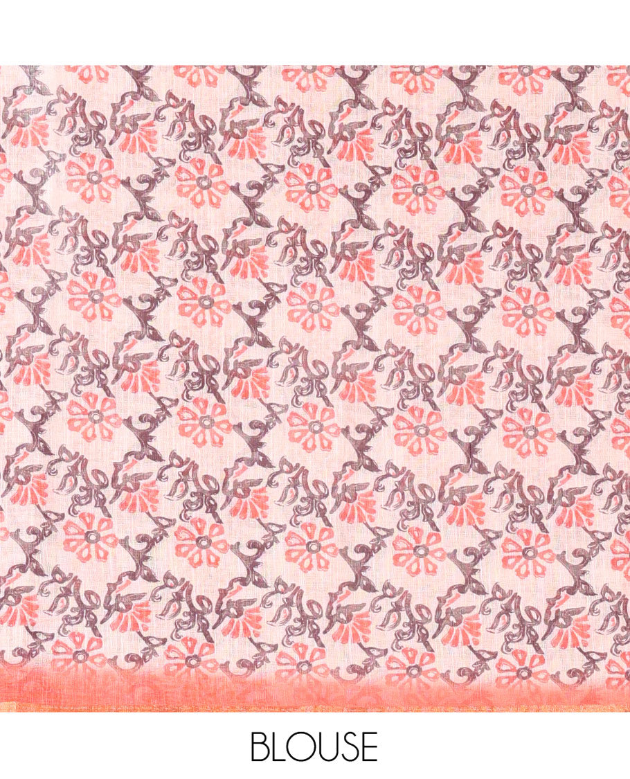 Red Linen Cotton Saree, Showcasing Shibori Printed on Its Body, Subtle Piping Border, Pallu of Floral Vine Print, and Paired with a Contrast Floral Vine Printed Blouse