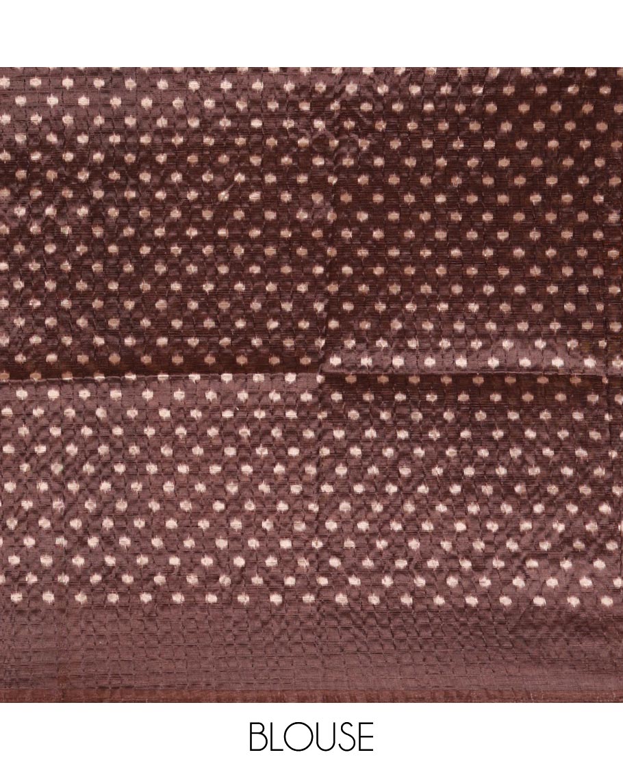 White ikat-style printed Litchi crushed saree, contrast brown ikat border, pallu of ikat chevron & dots & ikat printed blouse