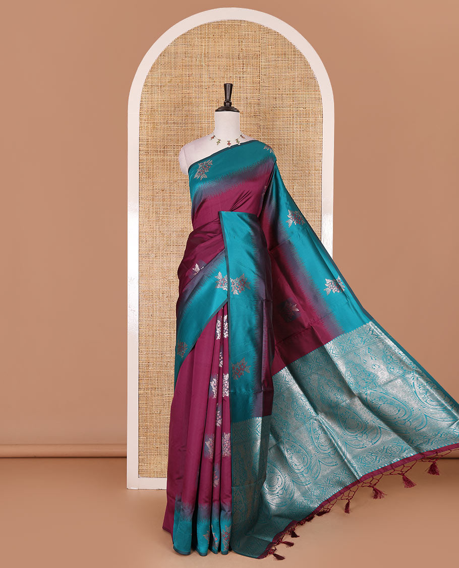 Purple-blue floral buttas elite soft silk saree, contrast floral buttas border, and pallu of Mughal-style intricate zari designs