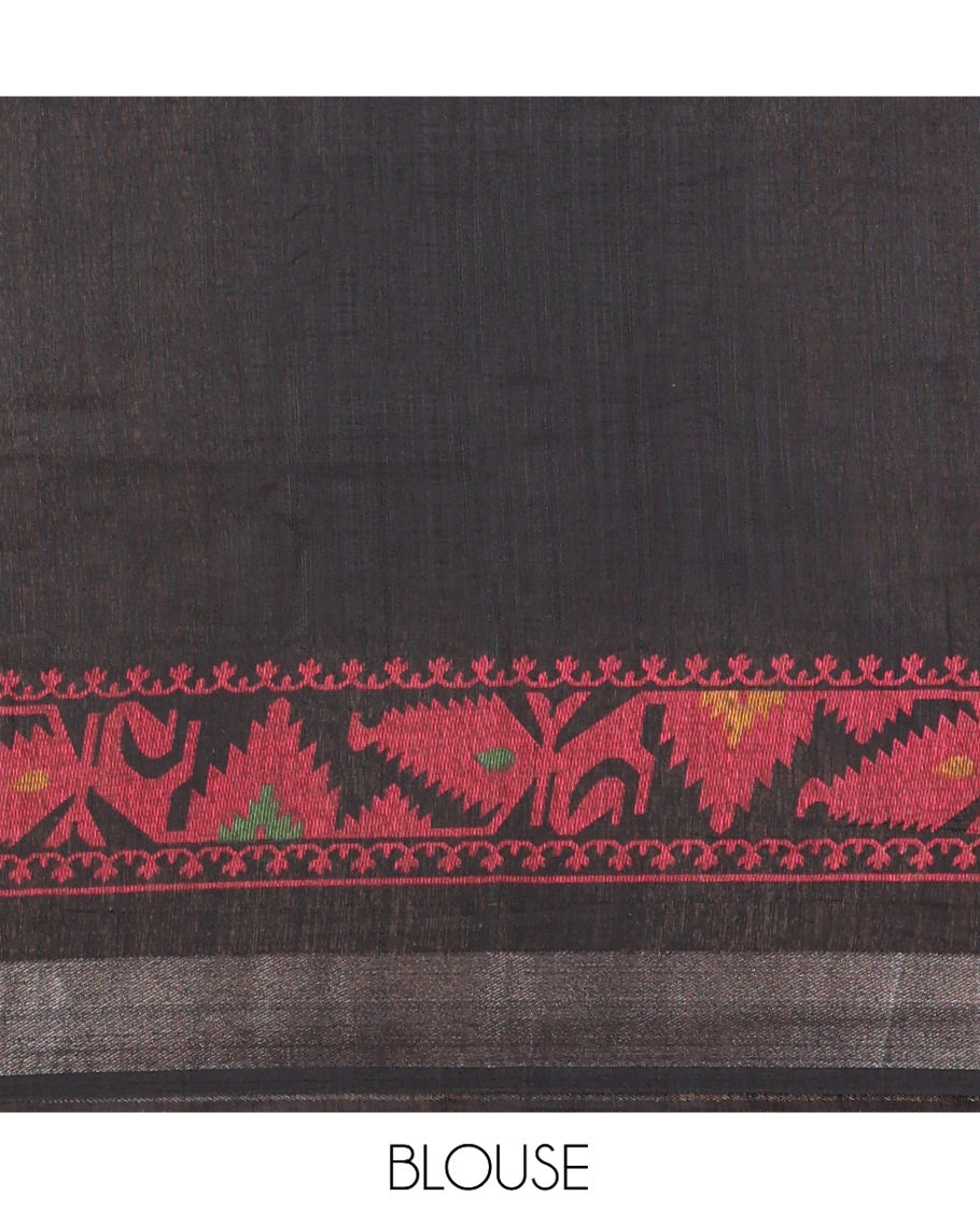 Black Jute Linen Saree, Adorned with Thread Buttas, a Self-Border and Pallu of Jamdani-Style Designs and a Plain Blouse