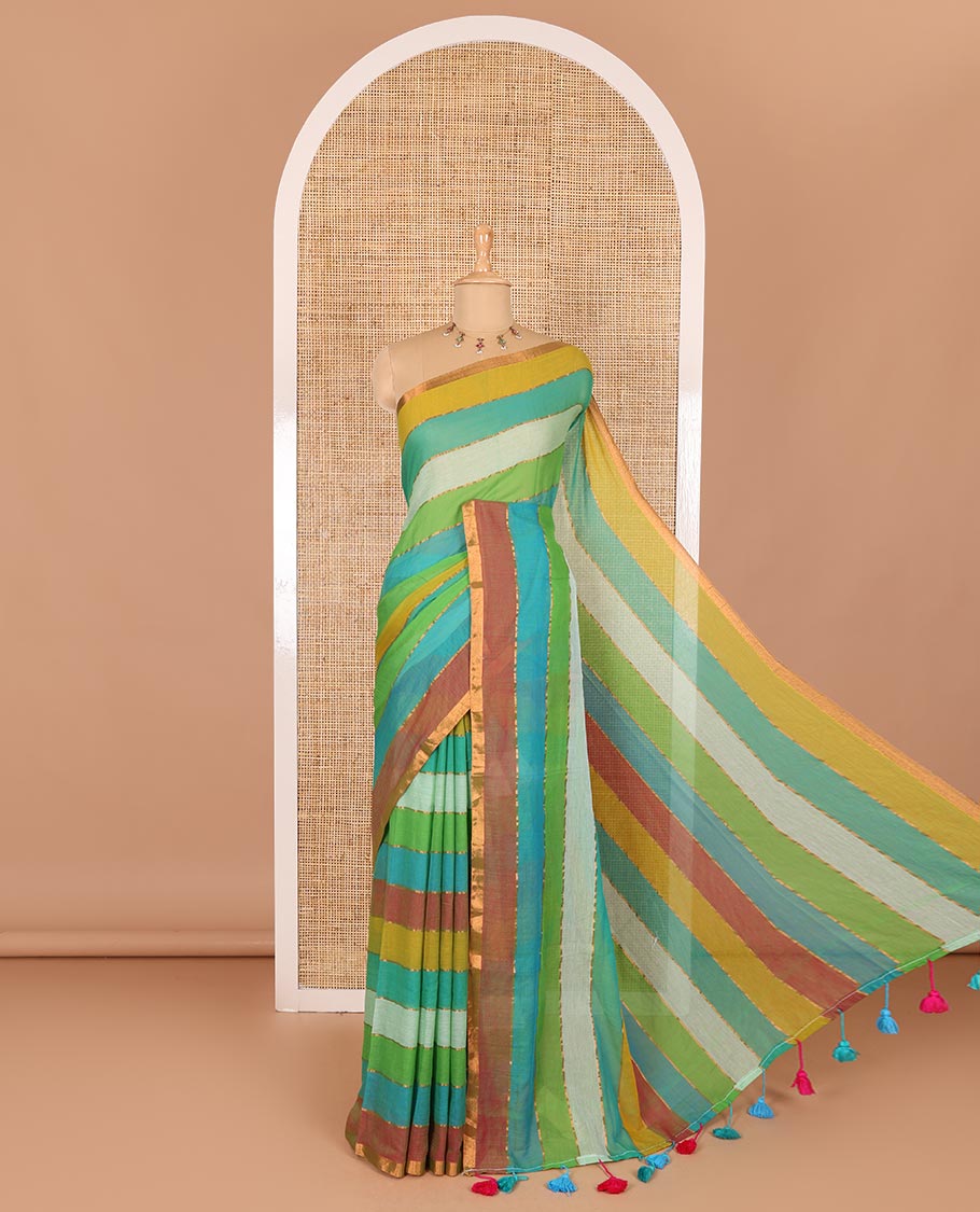 Rani rainbow-style striped Khadi mul cotton saree with piping zari border, and a matching zari striped blouse