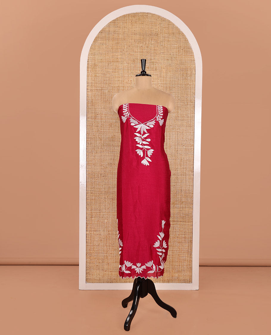Magenta Material Churidar Set, Detailed with Floral Motifs Sequins-Thread Embroidered on Its Vichitra Silk Top, Comes with a Contrast Santoon Bottom, and Paired with a Vichitra Silk Floral Embroidered Scallop Dupatta