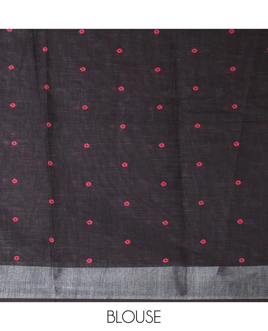 Black Linen Cotton Saree, Masterfully Designed with a Pair of Macaw Parrots Print, a Subtle Zari Border, Pallu of Macaw Parrots, and Paired with a Matching Blouse