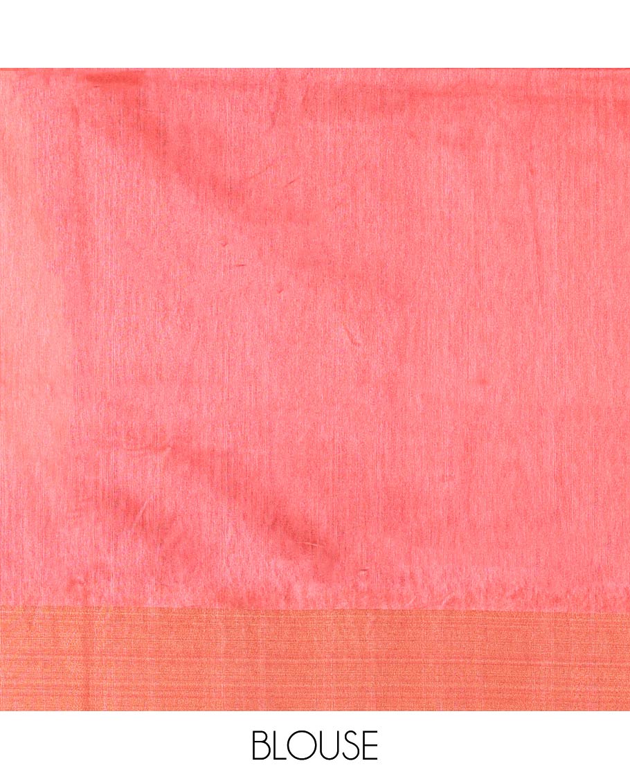 Cream Plain Semi-Jute Tussar Saree, Complemented by a Contrast Blue-Red Ganga-Jamuna Temple Border, Sparsely Striped Pallu, and Paired with a Contrast Blouse
