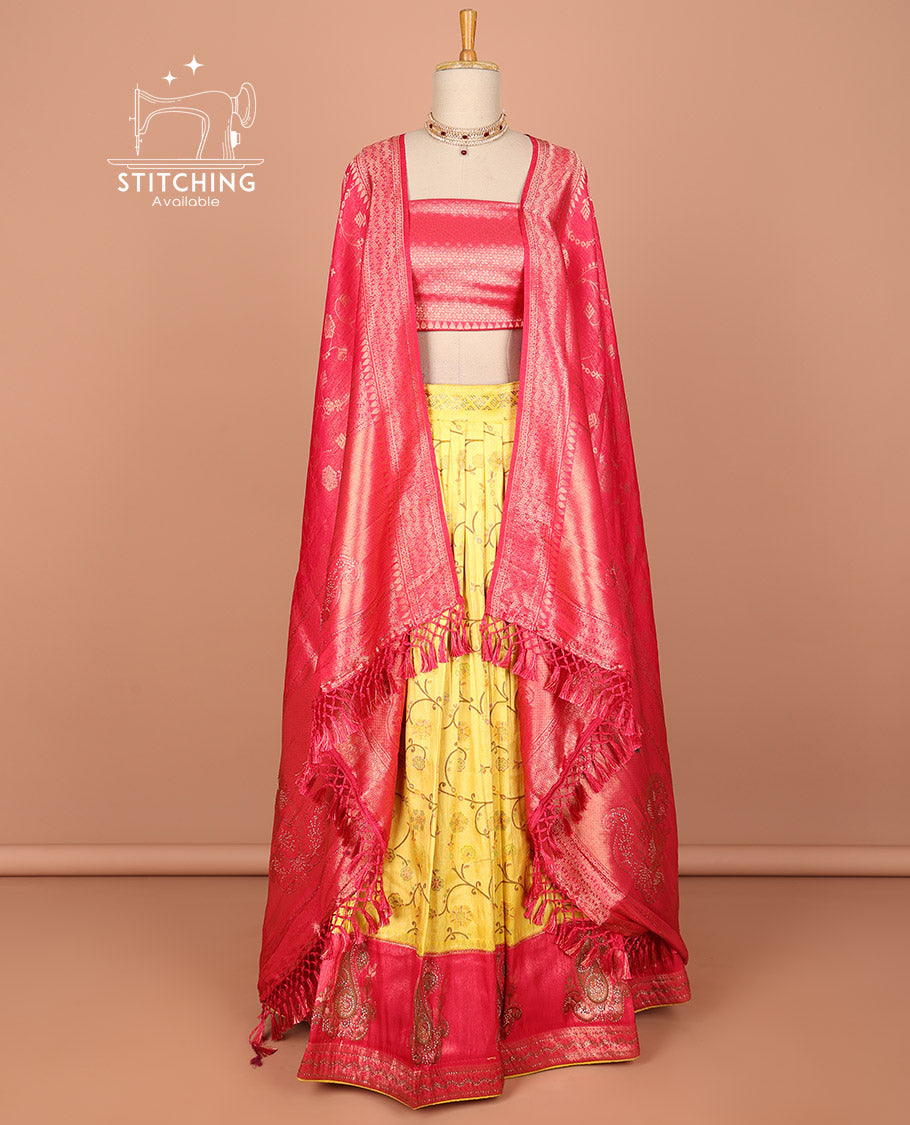 Yellow floral vine design half saree with contrast paisley border , zari design blouse & intricate zari design dhavani