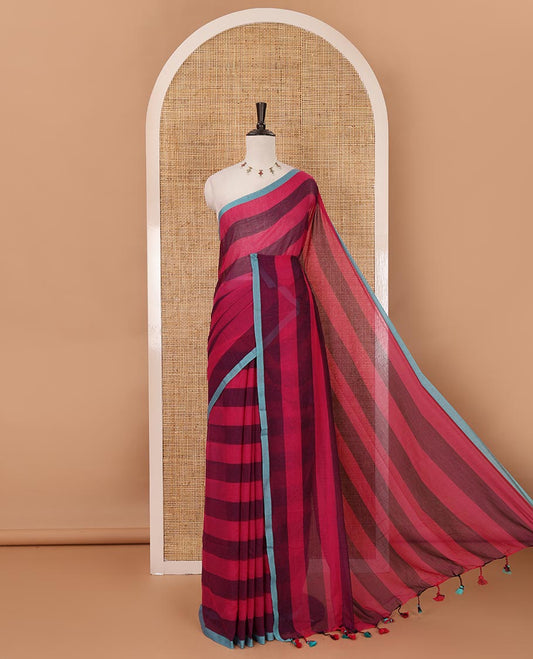 Pink horizontal striped khadi cotton saree, contrast piping border & matching horizontal striped blouse