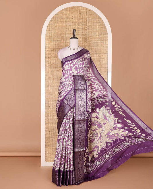 Lavender kalamkari floral vine and peacock printed dola silk saree, contrast traditional zari border, peacock printed pallu, and floral vine print blouse