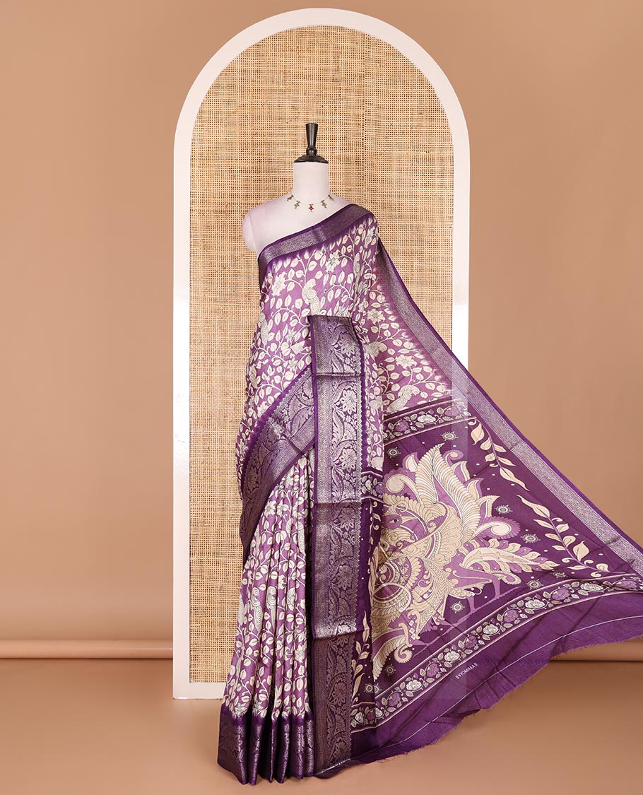 Lavender kalamkari floral vine and peacock printed dola silk saree, contrast traditional zari border, peacock printed pallu, and floral vine print blouse