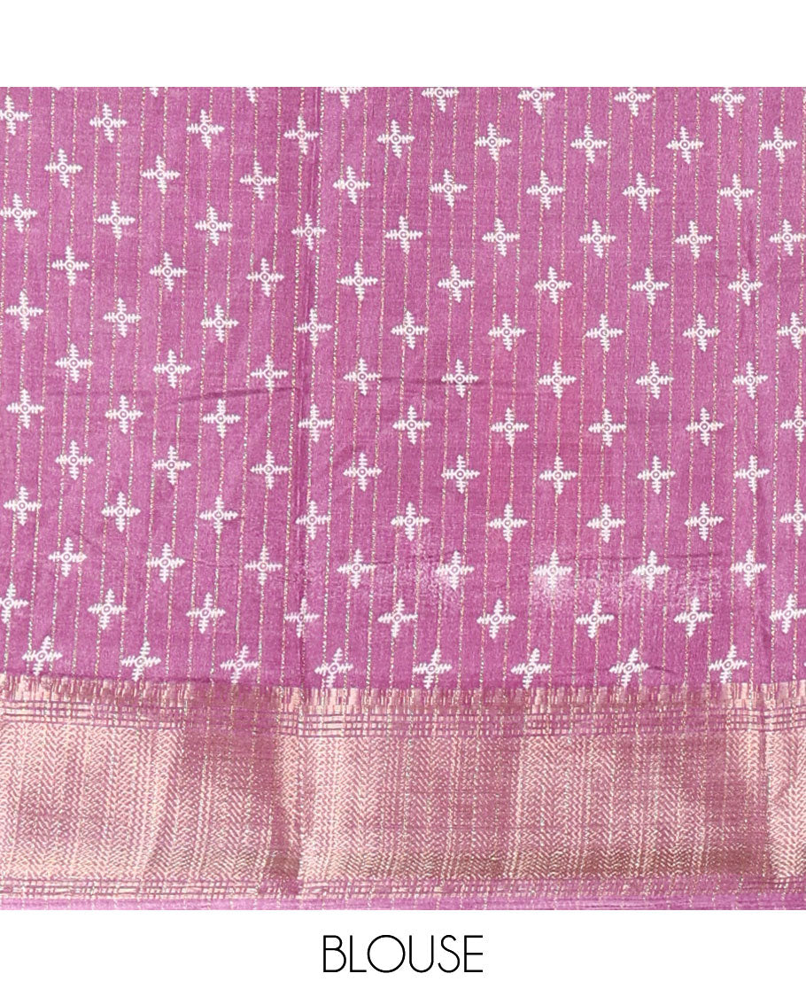 Lavender zari stripes & floral motifs printed dola silk saree, traditional zari border, printed pallu & small butta printed blouse