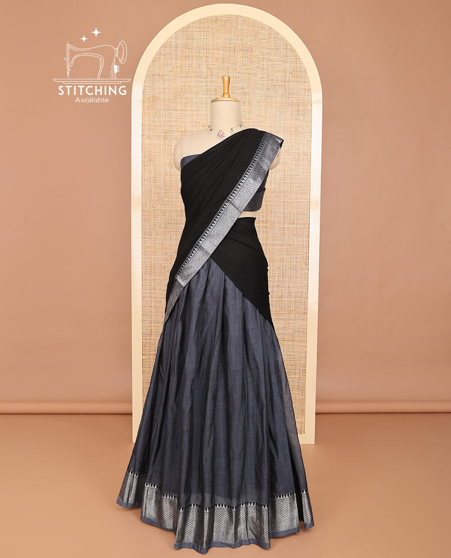 Grey half saree with self zari design border, zari design blouse & plain, intricate zari design border dhavani