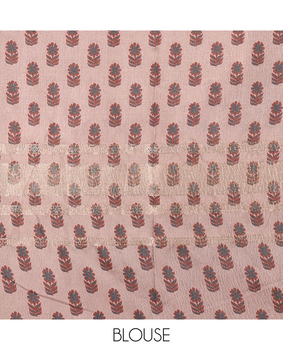 Green Mughal-style motifs printed moss crush saree, contrast double-sided colorful-dyed with zari work border, Mughal-style printed pallu, and a floral motifs printed blouse