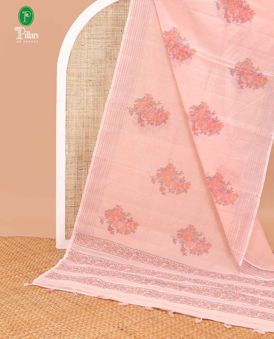 Peach block print super net saree with kantha border & kantha work, block print pallu along with kantha work blouse