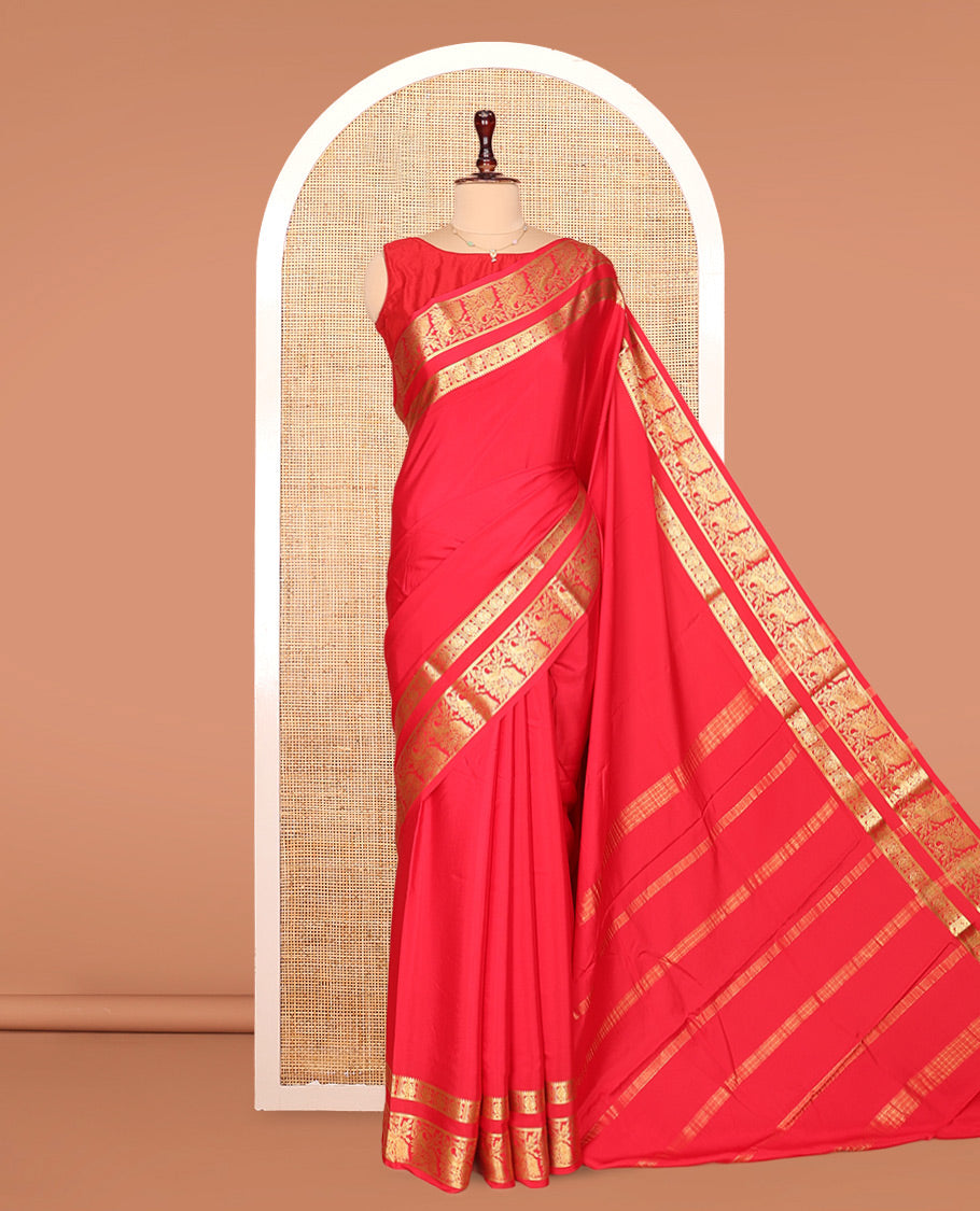 Red Plain Mysore Silk Saree, Entralled with Traditional Zari Border Steeped with Peacock Designs, Zari Decked Up Pallu, and Paired with a Matching Blouse