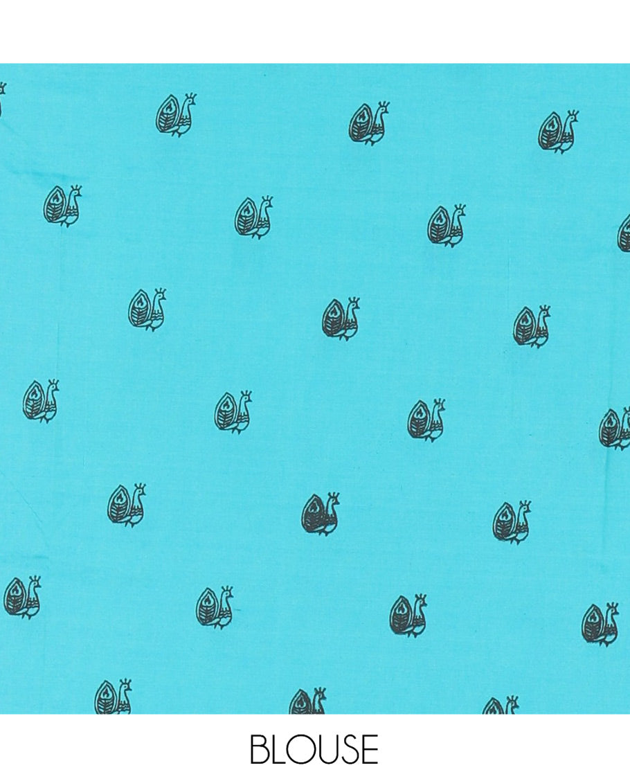Borderless Blue Warli Printed South Cotton Saree, Printed Pallu and a Matching Blouse