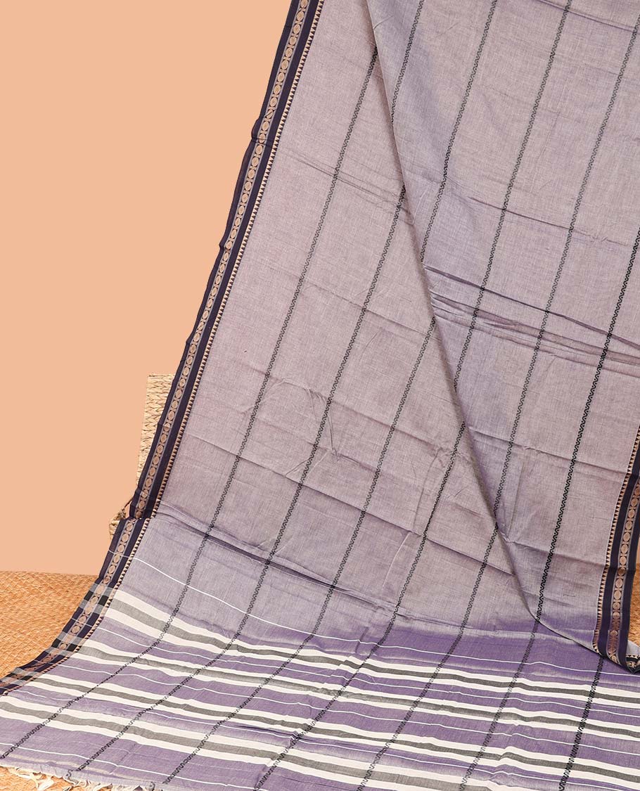 Grey striped Narayanapet cotton saree, contrast traditional motif border & striped pallu