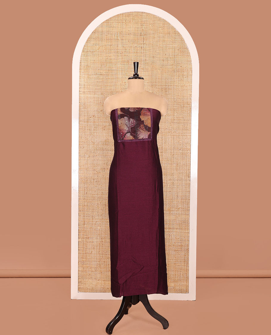 Magenta Material Churidar Set, Embellished with Floral Printed Patch Embroidery Vichitra Silk Top, Comes with a Plain Santoon Bottom, and a Floral Printed Shimmer Georgette Dupatta