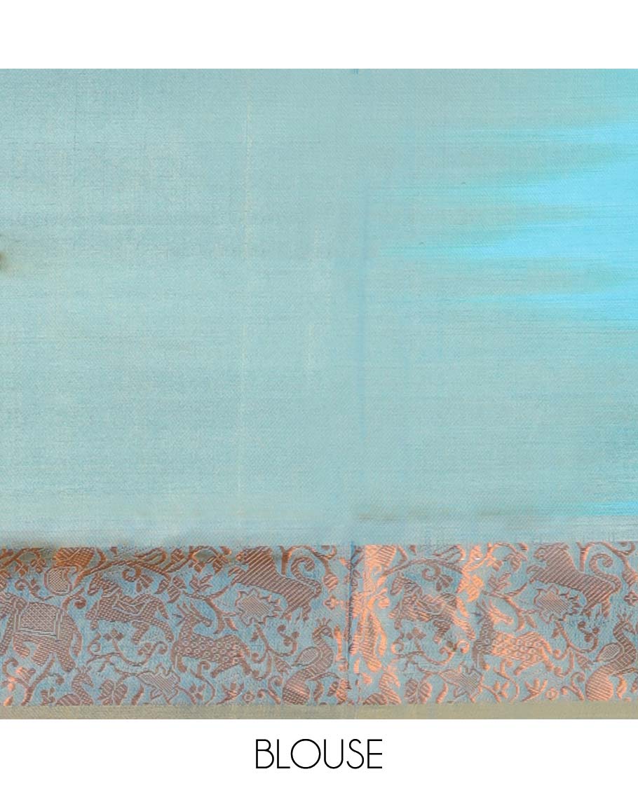 Blue motifs banana pith saree with contrast zari border & striped , floral motifs pallu