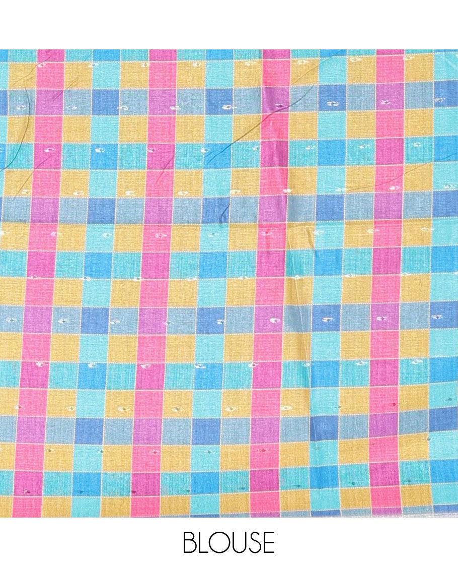 Blue zari buttas Kathan silk saree, contrast border & pallu of multi-color checks & temple design, blouse of multi-color checks & buttas