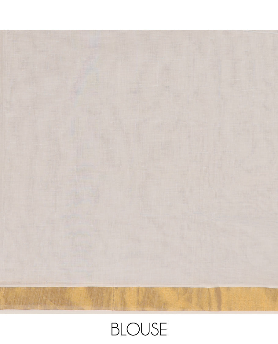 Cream plain design kerala saree, zari border & pallu of traditional zari designs