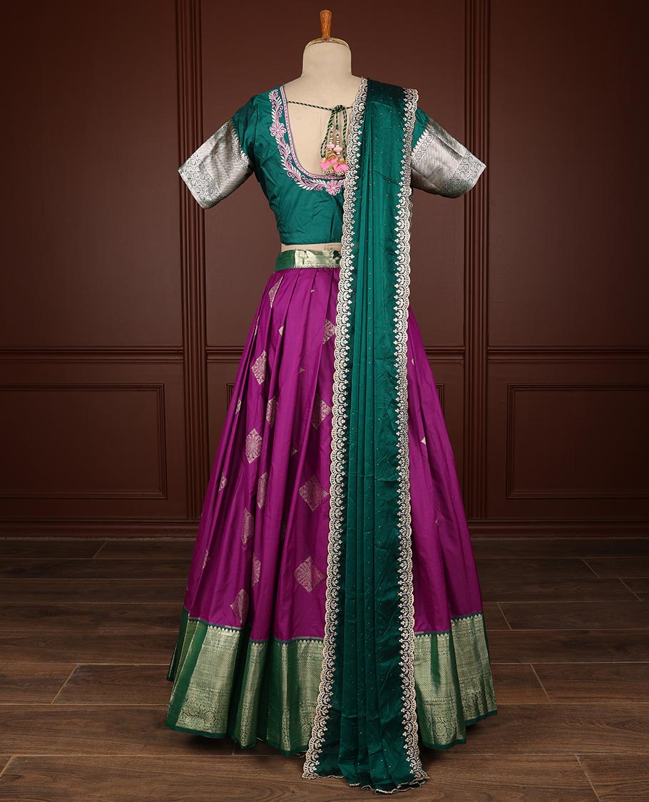 Purple geometric design half saree witn contrast zari design border, floral embroidery blouse & floral embroidery dhavani